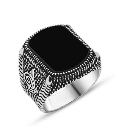 Gümüş Siyah Taşlı Tuğralı Erkek Yüzük