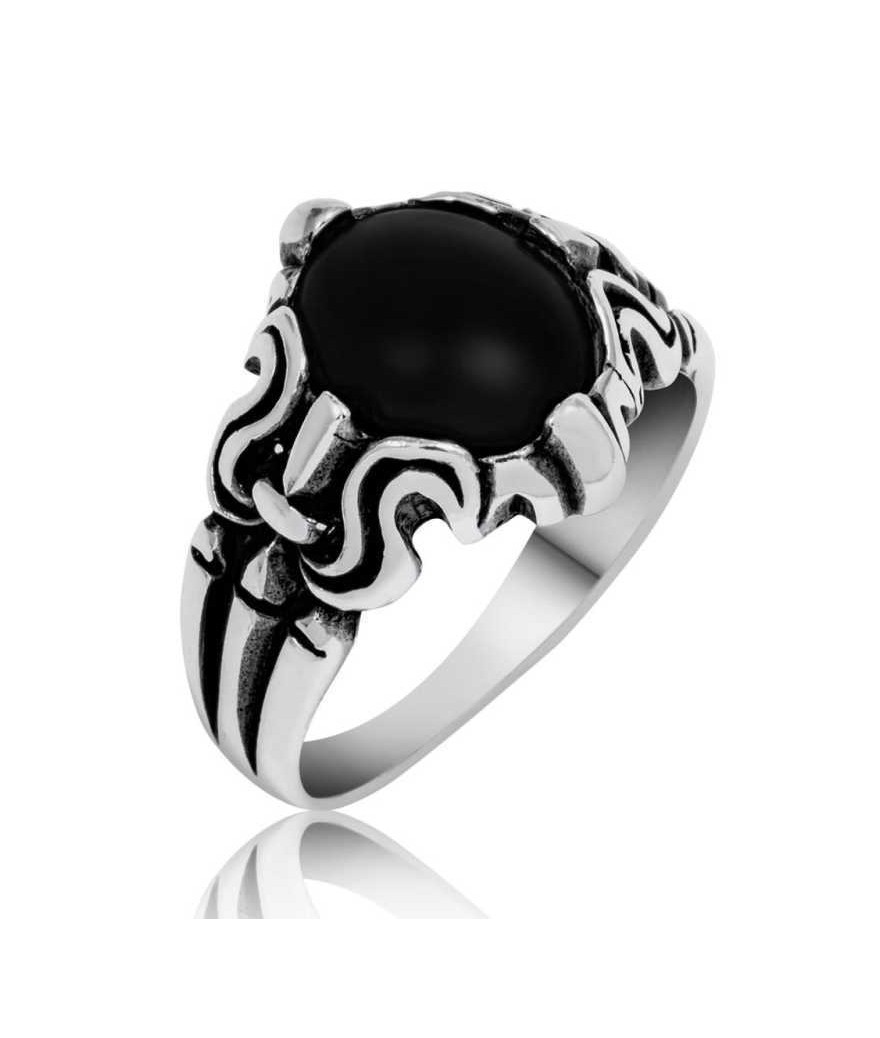 Gümüş Siyah Taşlı Erkek Yüzük