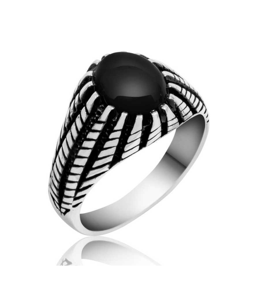 Gümüş Siyah Taşlı Erkek Yüzük
