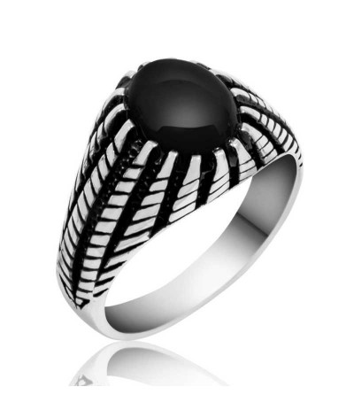 Gümüş Siyah Taşlı Erkek Yüzük