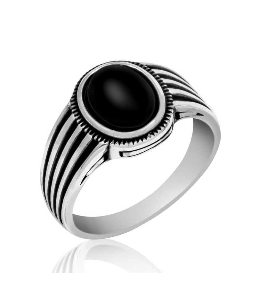 Gümüş Siyah Taşlı Çizgili Erkek Yüzük