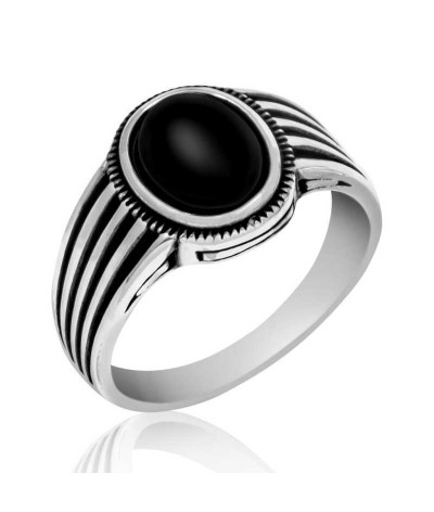 Gümüş Siyah Taşlı Çizgili Erkek Yüzük