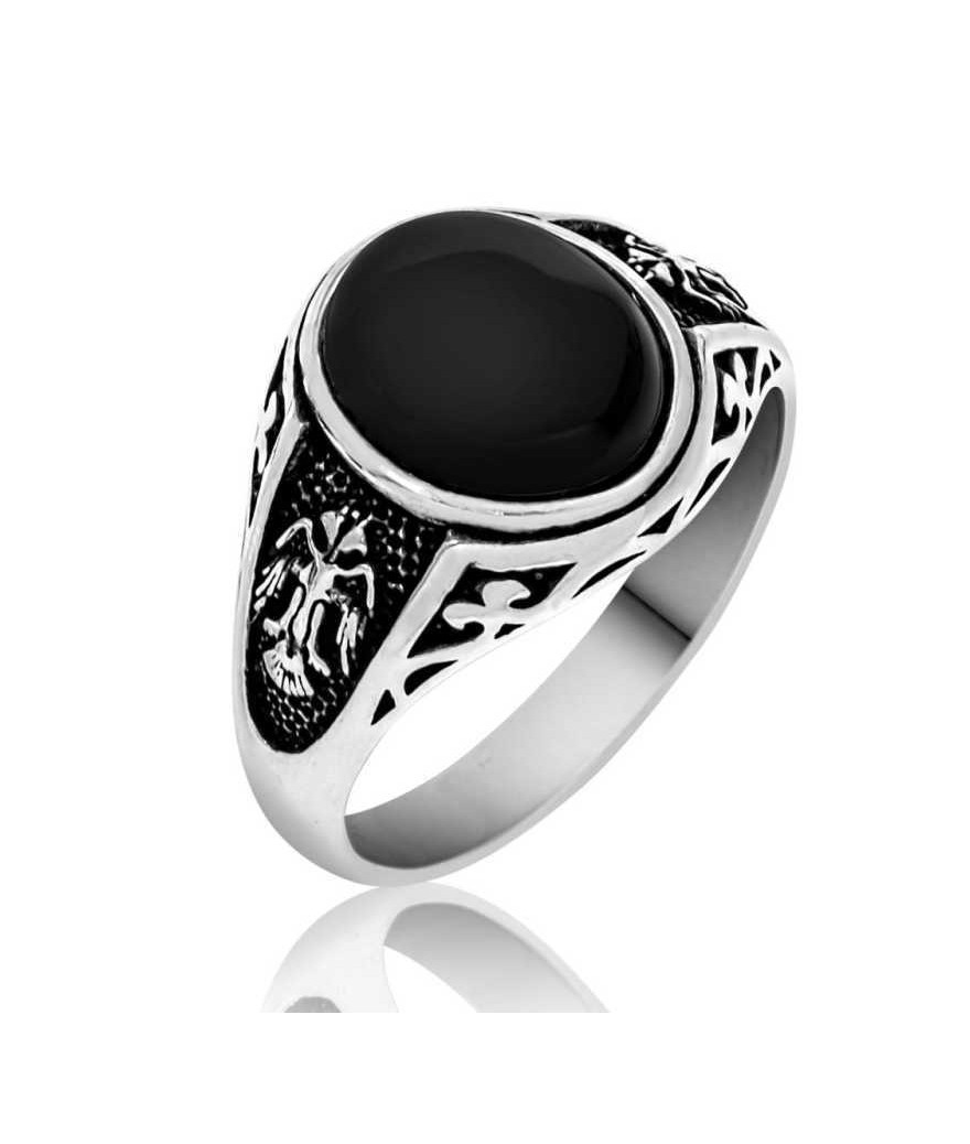 Gümüş Siyah Çift Başlı Kartal Erkek Yüzük