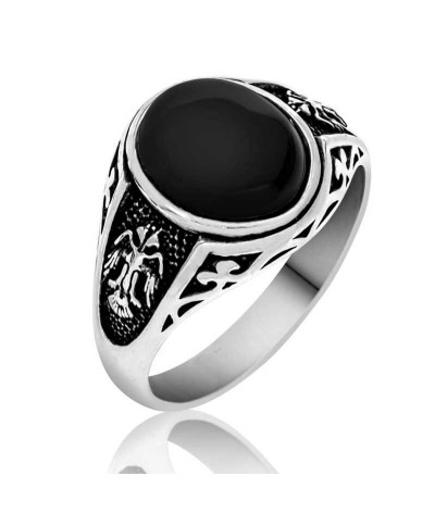 Gümüş Siyah Çift Başlı Kartal Erkek Yüzük