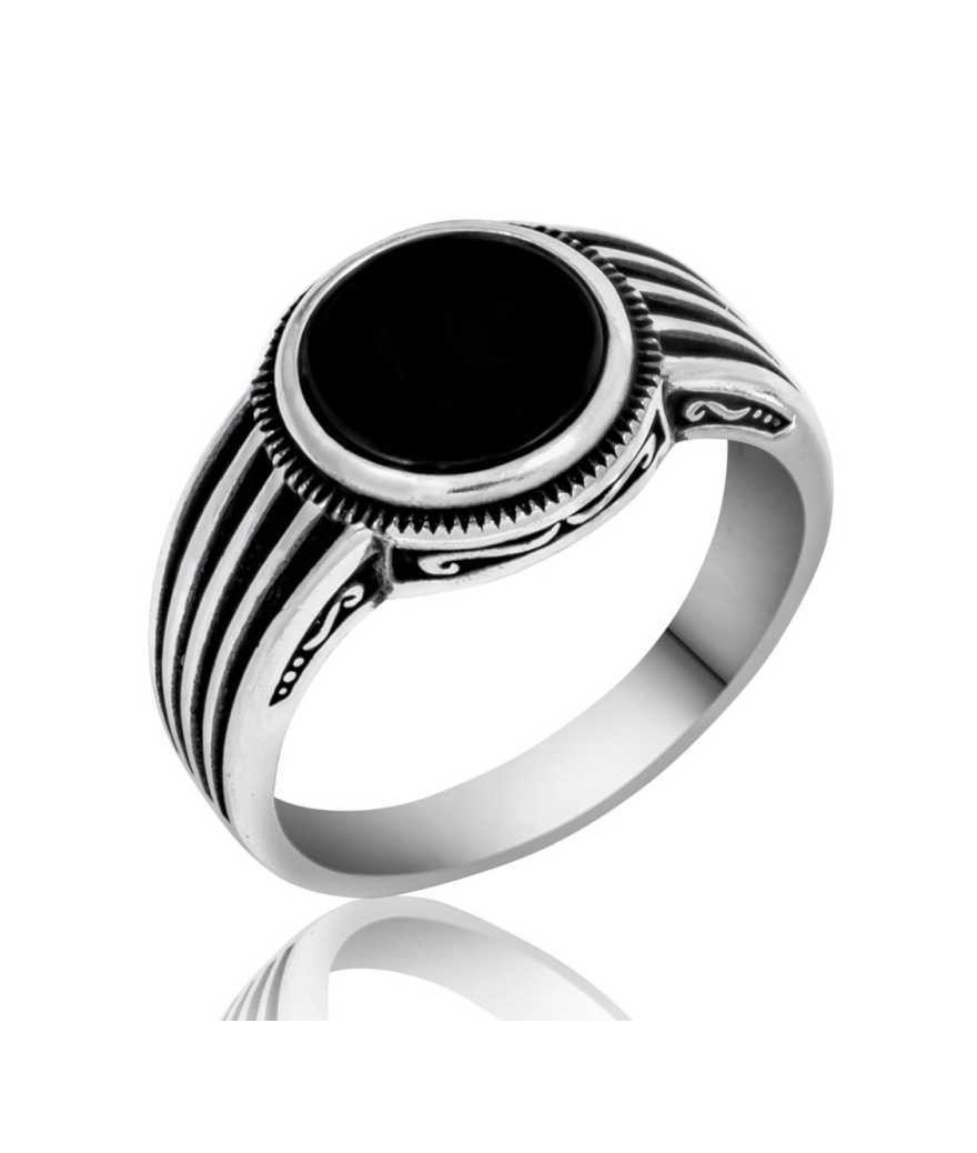 Gümüş Siyah Taşlı Çizgili Erkek Yüzük
