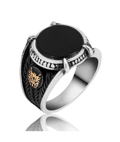 Gümüş Siyah Taşlı Osmanlı Armalı Erkek Yüzük