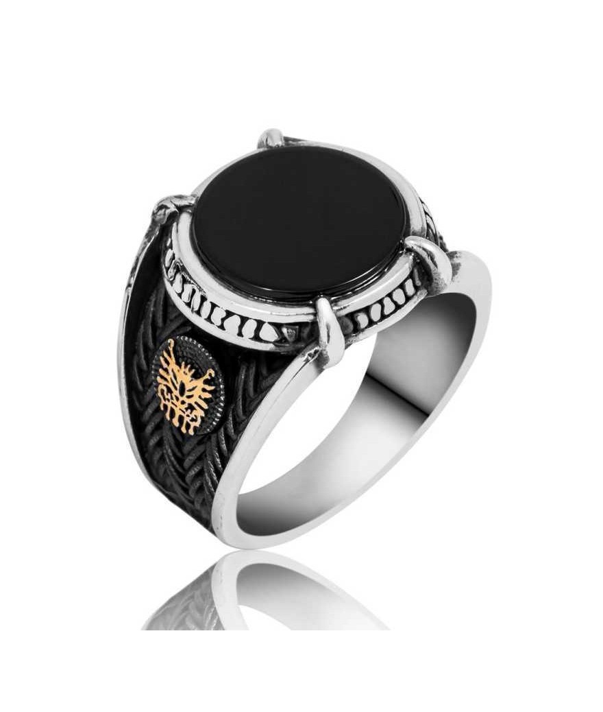 Gümüş Siyah Taşlı Osmanlı Armalı Erkek Yüzük