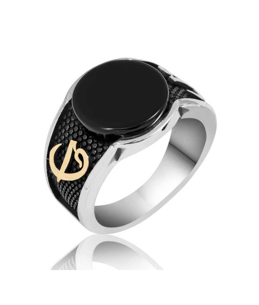 Gümüş Siyah Taşlı Elif Vav Erkek Yüzük