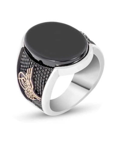 Gümüş Siyah Taşlı Tuğralı Erkek Yüzük