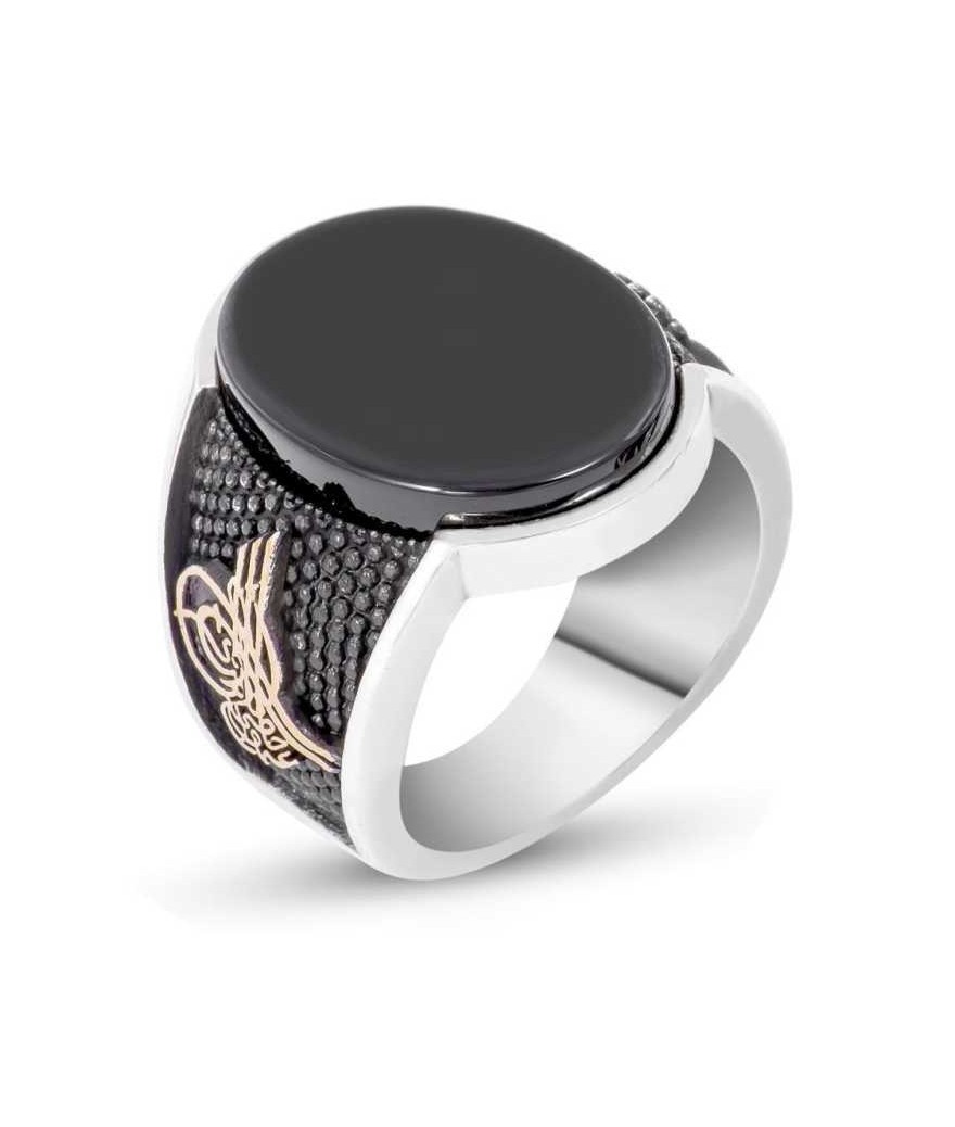 Gümüş Siyah Taşlı Tuğralı Erkek Yüzük