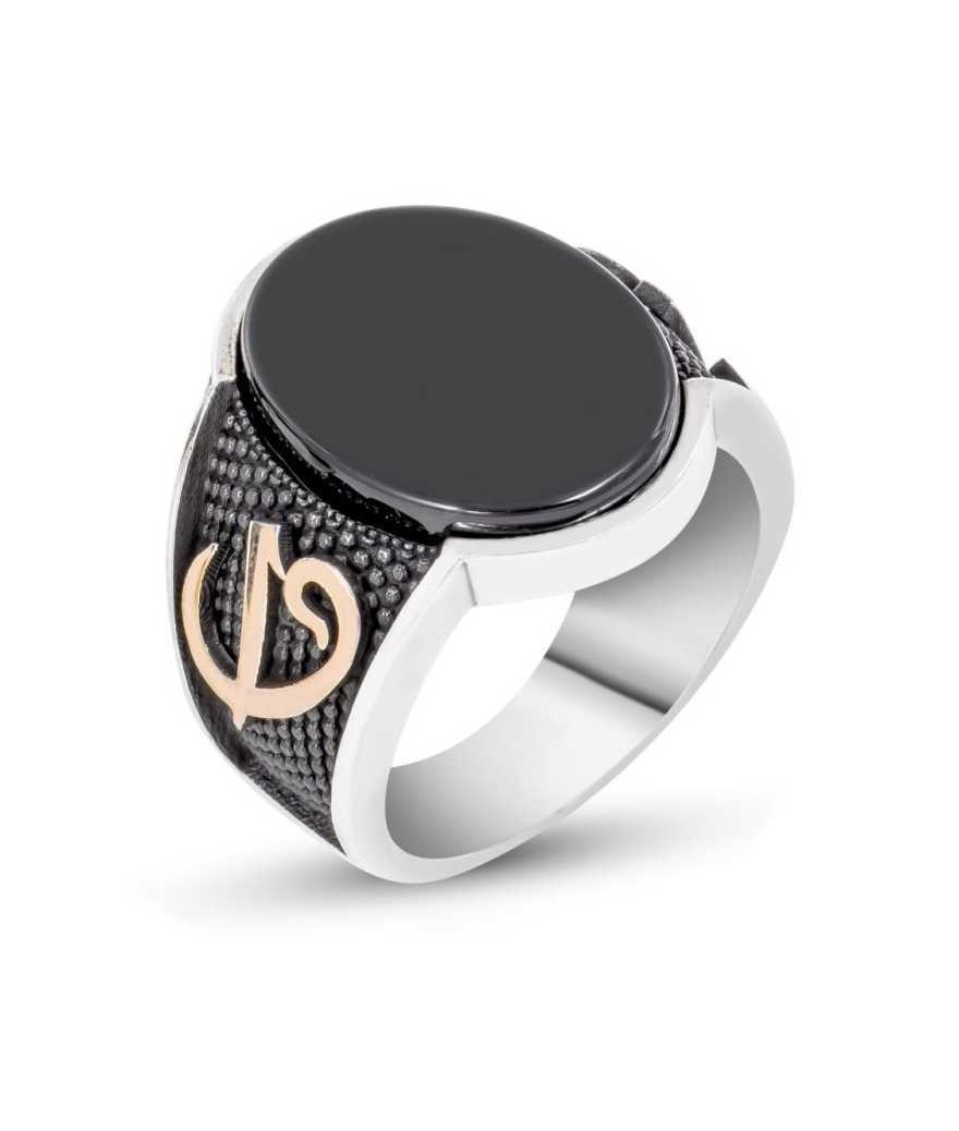 Gümüş Siyah Taşlı Elif Vav Erkek Yüzük