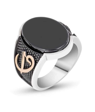 Gümüş Siyah Taşlı Elif Vav Erkek Yüzük