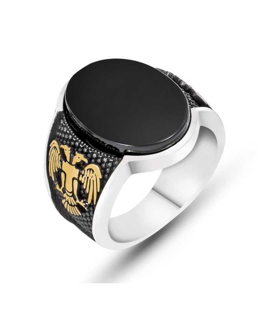 Gümüş Siyah Taşlı Çift Başlı Kartal Erkek Yüzük