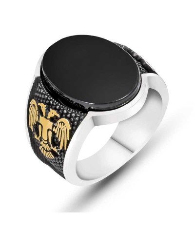 Gümüş Siyah Taşlı Çift Başlı Kartal Erkek Yüzük