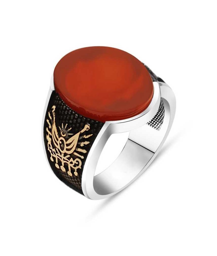 Gümüş Taşlı Osmanlı Armalı Erkek Yüzük