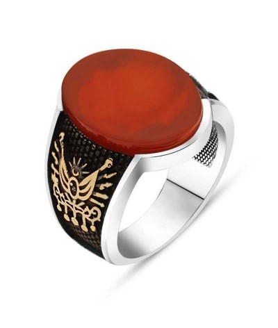 Gümüş Taşlı Osmanlı Armalı Erkek Yüzük