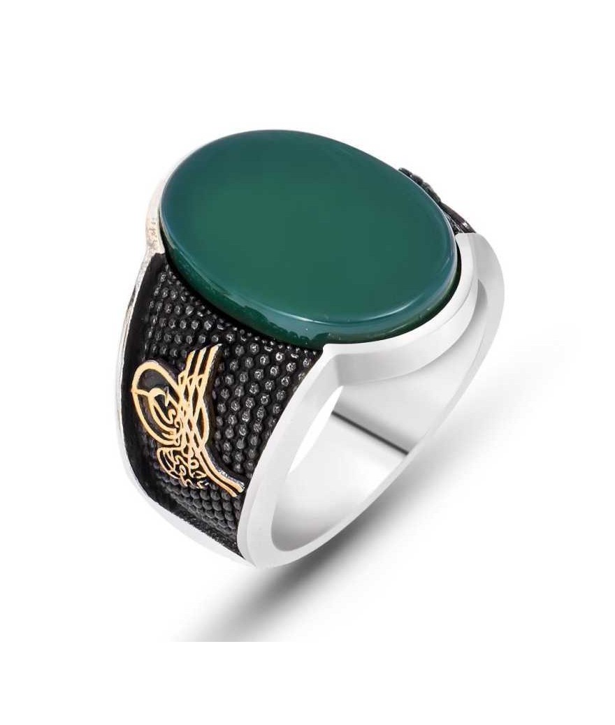 Gümüş Yeşil Akik Tuğralı Erkek Yüzük