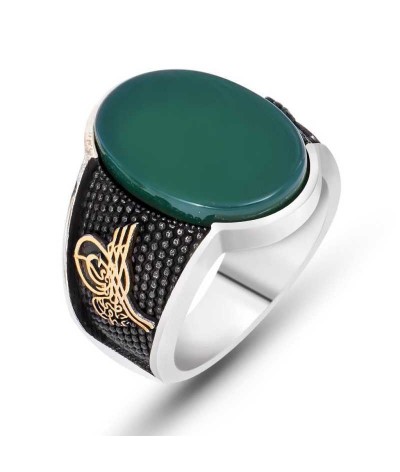 Gümüş Yeşil Akik Tuğralı Erkek Yüzük