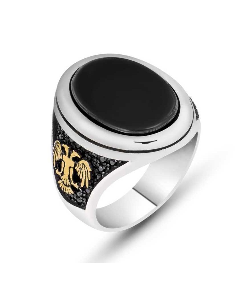 Gümüş Siyah Taşlı Çift Başlı Kartal Erkek Yüzük