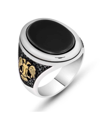 Gümüş Siyah Taşlı Çift Başlı Kartal Erkek Yüzük