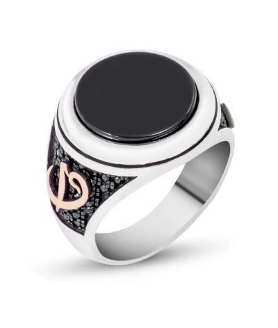 Gümüş Siyah Taşlı Elif Vav Erkek Yüzük