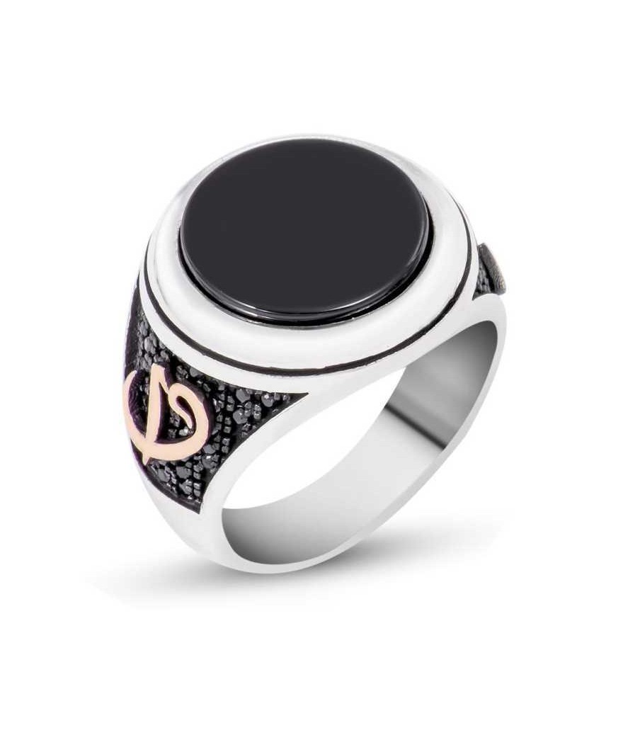 Gümüş Siyah Taşlı Elif Vav Erkek Yüzük