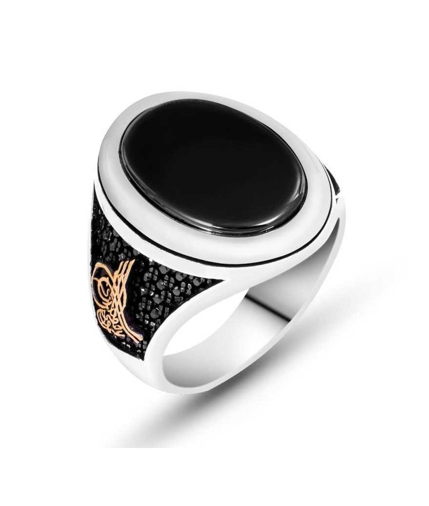 Gümüş Siyah Taşlı Tuğralı Erkek Yüzük