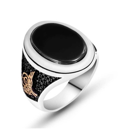 Gümüş Siyah Taşlı Tuğralı Erkek Yüzük