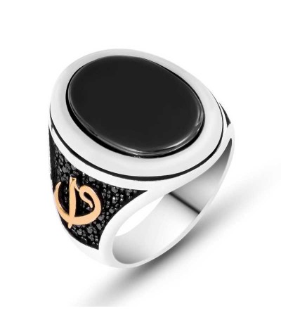 Gümüş Siyah Taşlı Elif Vav Erkek Yüzük