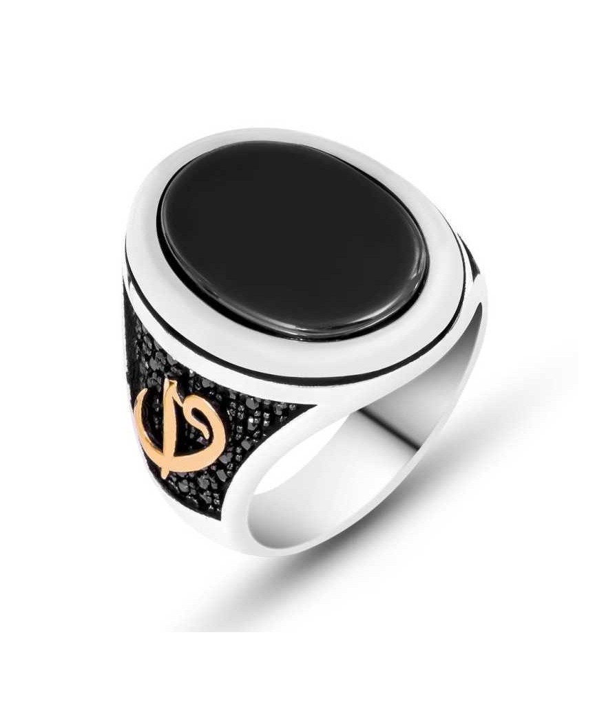 Gümüş Siyah Taşlı Elif Vav Erkek Yüzük