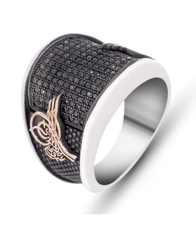 Gümüş Siyah Taşlı Tuğralı Erkek Yüzük