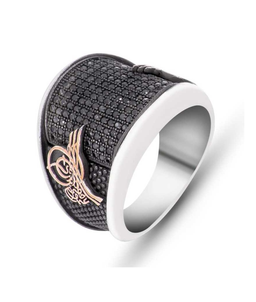 Gümüş Siyah Taşlı Tuğralı Erkek Yüzük