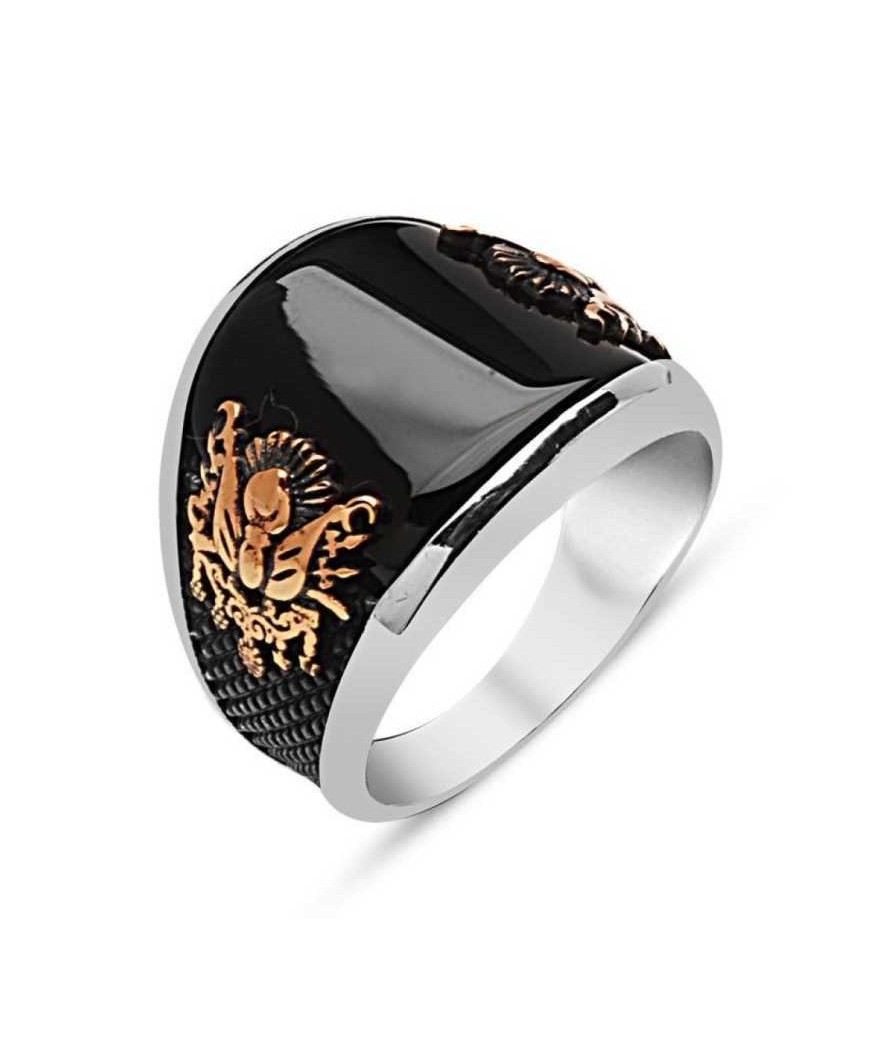 Gümüş Taşlı Osmanlı Armalı Erkek Yüzük