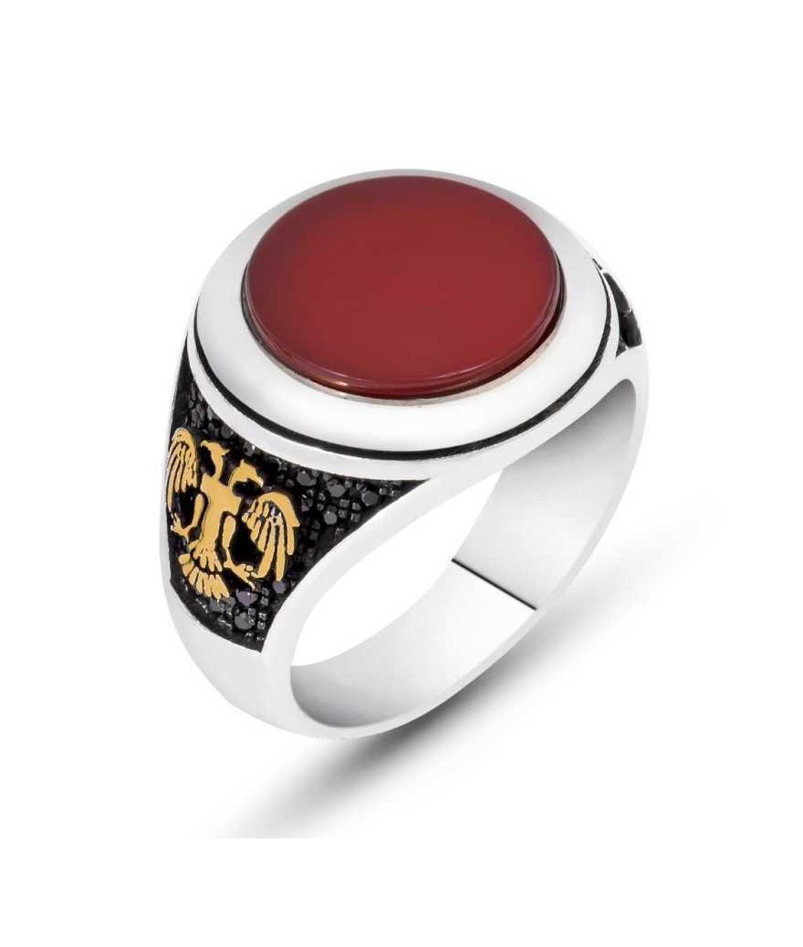 Gümüş Akik Taşlı Çift Başlı Kartal Erkek Yüzük