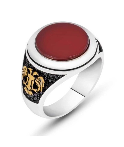 Gümüş Akik Taşlı Çift Başlı Kartal Erkek Yüzük