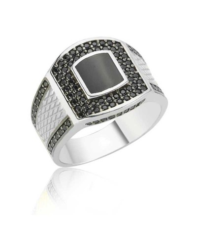 Gümüş Siyah Taşlı Erkek Yüzük