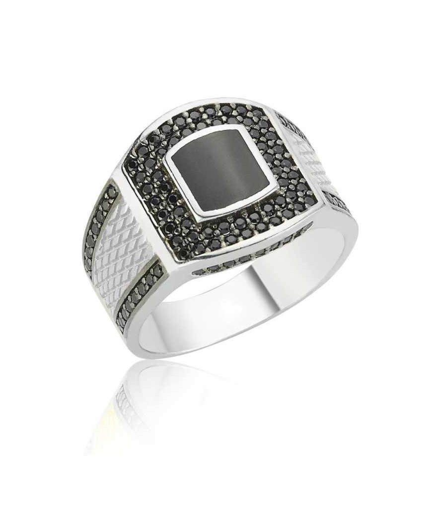 Gümüş Siyah Taşlı Erkek Yüzük