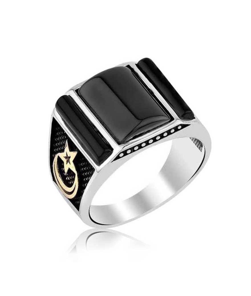 Gümüş Siyah Taşlı Ay Yıldız Erkek Yüzük