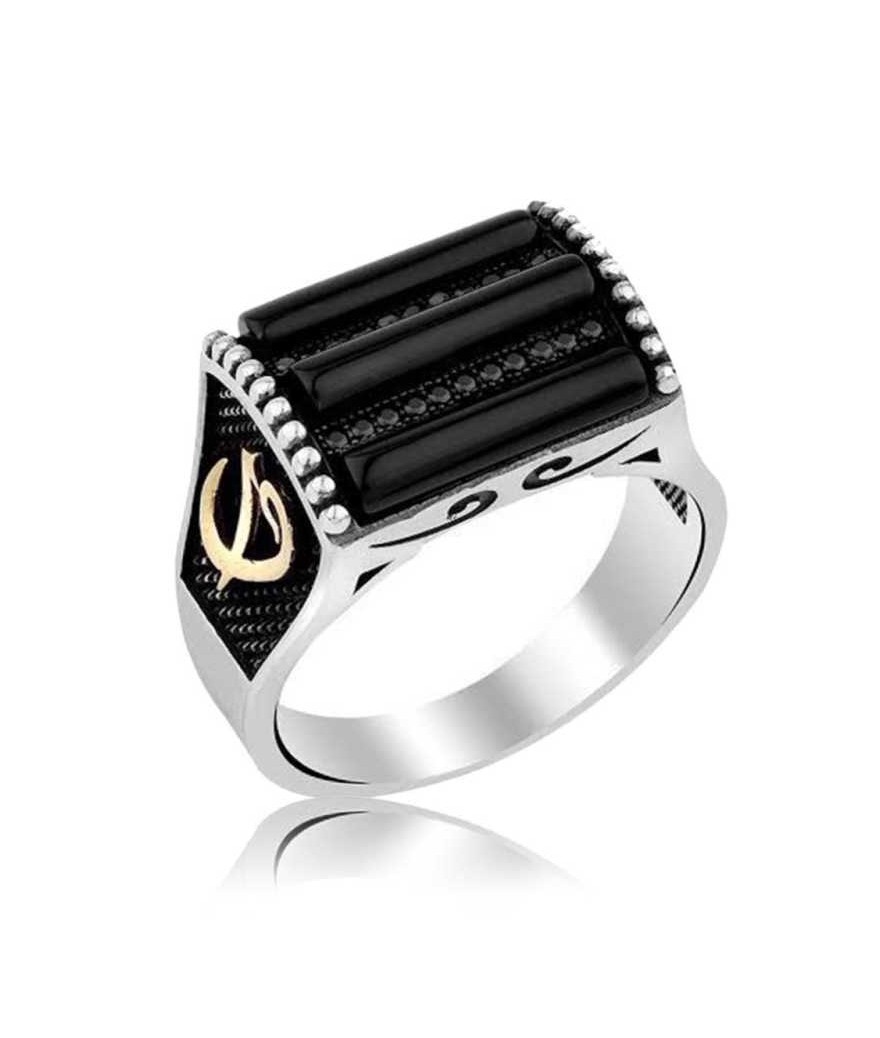 Gümüş Siyah Taşlı Elif Vav Erkek Yüzük