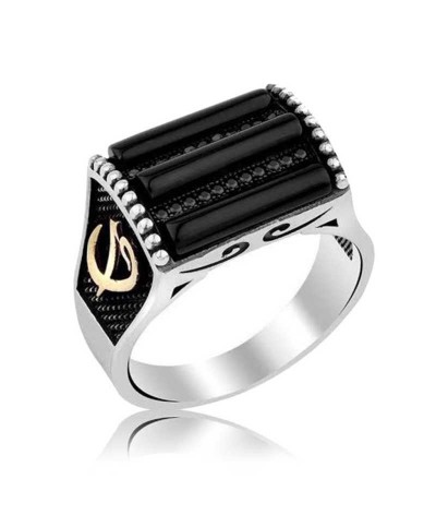 Gümüş Siyah Taşlı Elif Vav Erkek Yüzük