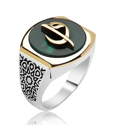 Gümüş Yeşil Elif Vav Erkek Yüzük