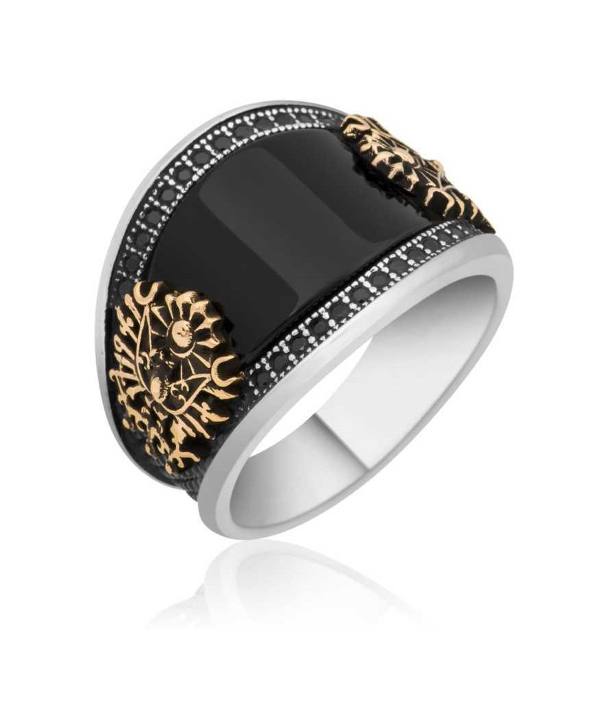 Gümüş Siyah Taşlı Osmanlı Armalı Erkek Yüzük