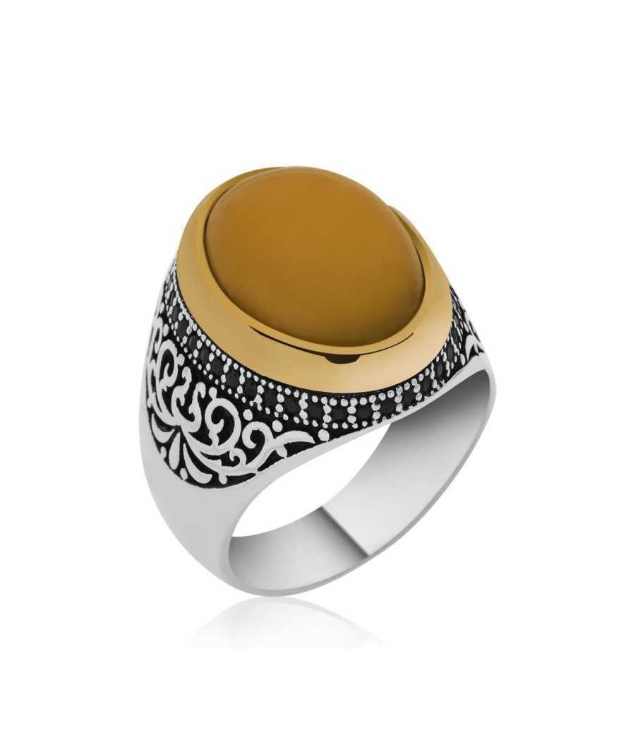 Gümüş Kehribar Erkek Yüzük