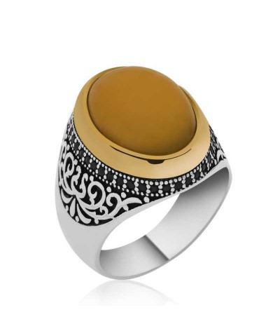 Gümüş Kehribar Erkek Yüzük