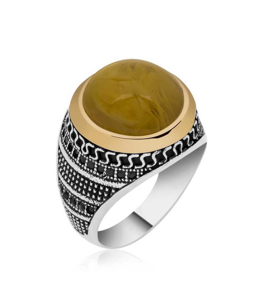 Gümüş Sıkma Kehribar Taşlı Erkek Yüzük