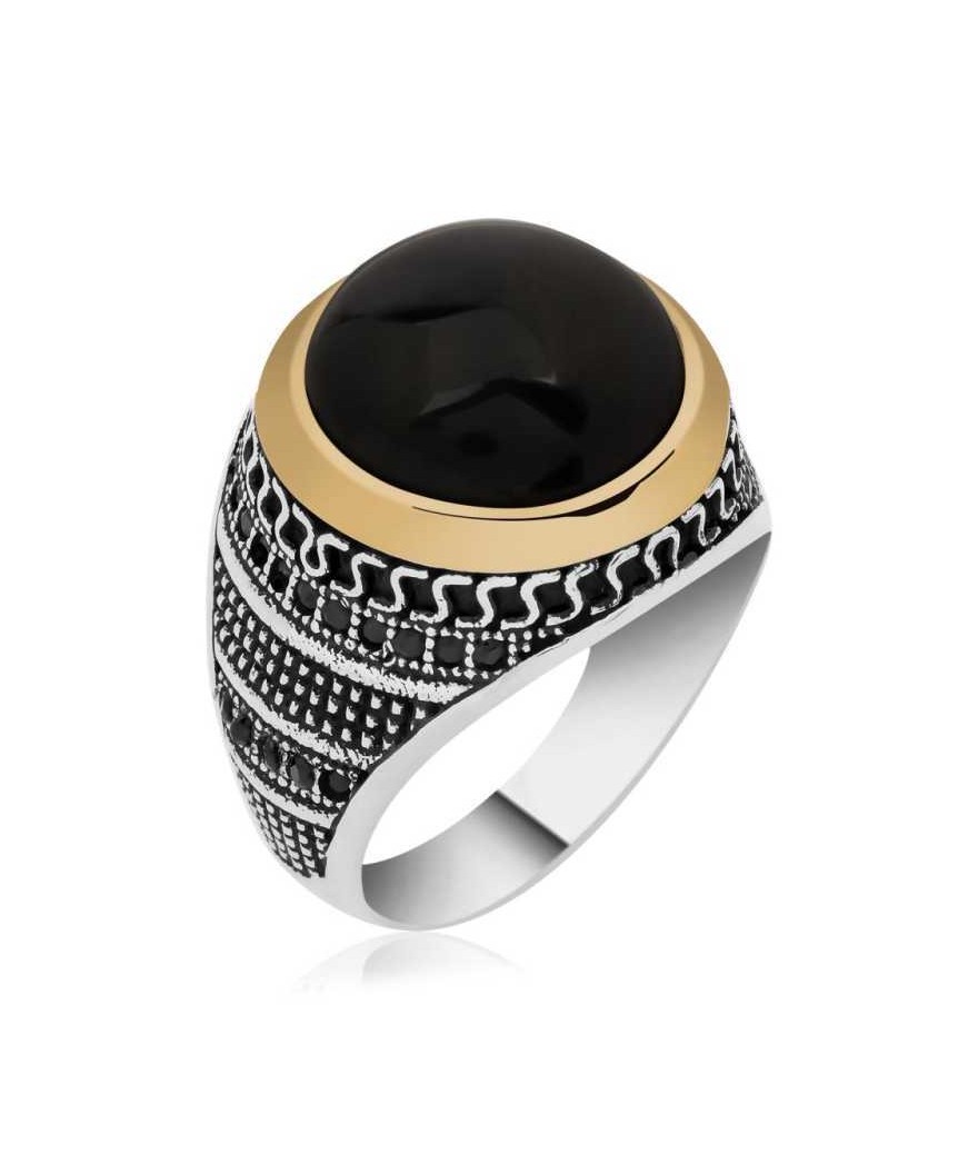 Gümüş Sıkma Kehribar Taşlı Erkek Yüzük