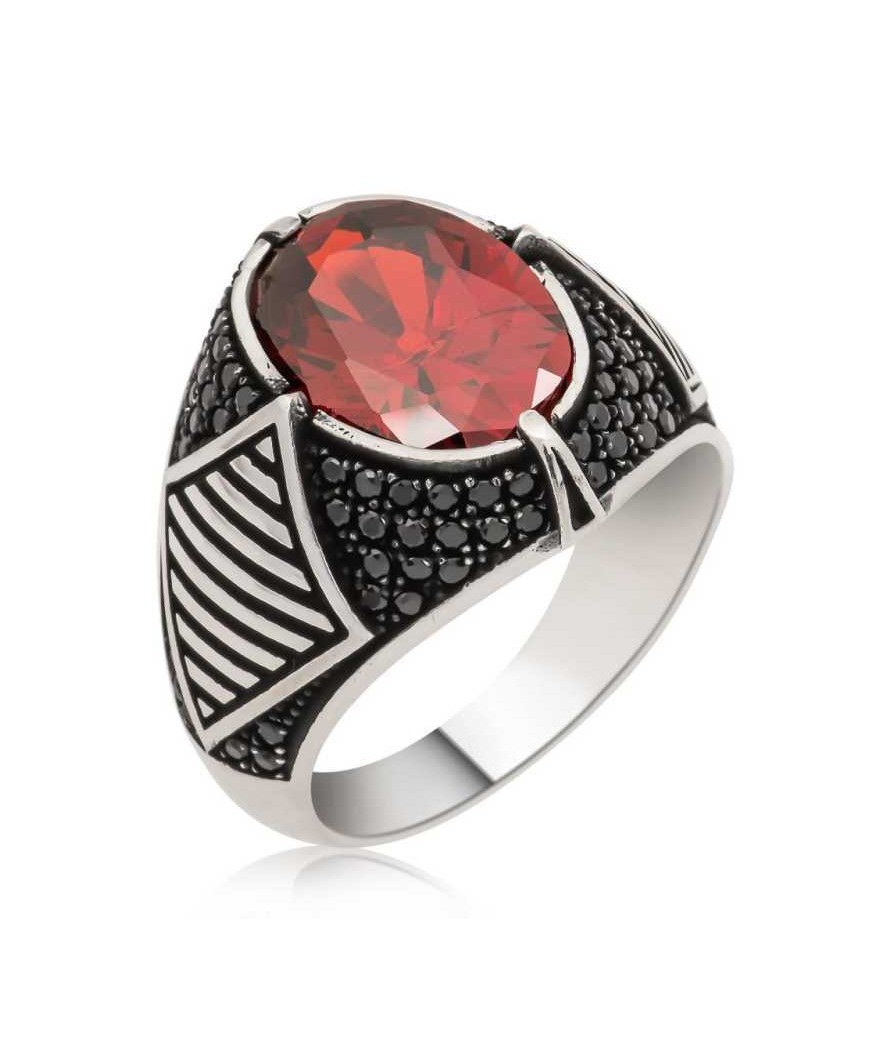 Gümüş Kırmızı Taşlı Erkek Yüzük