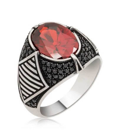Gümüş Kırmızı Taşlı Erkek Yüzük