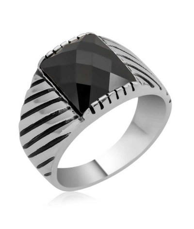 Gümüş Siyah Zirkon Taşlı Erkek Yüzük