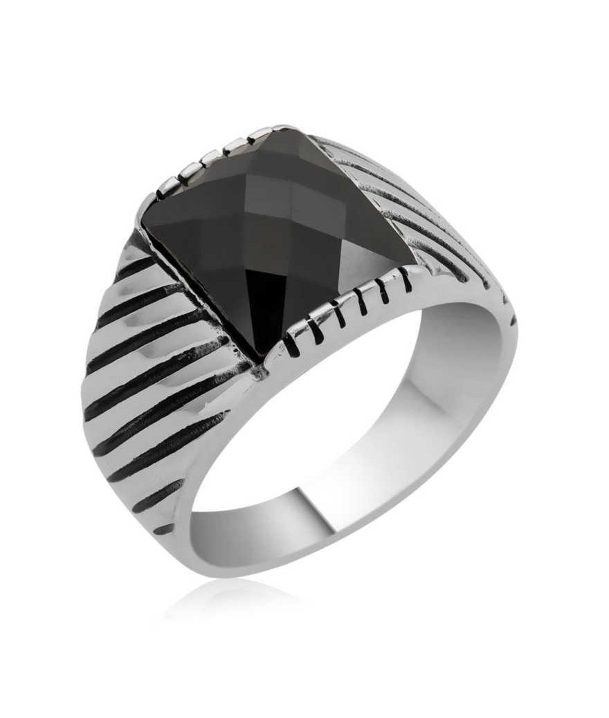 Gümüş Siyah Zirkon Taşlı Erkek Yüzük